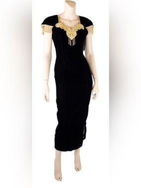 Speed Brand Vintage 80s Black Velvet‎ Gold Beaded Party Prom dress